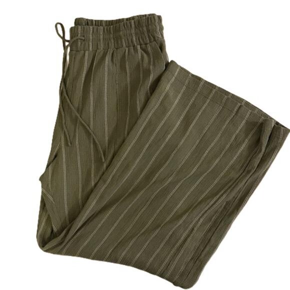 Ruby & Wren Pants - Ruby & Wren Linen Cotton Olive Green Striped Wide Leg Pants Women's Size Large L
